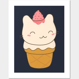 Kawaii Cute Ice Cream Cat T-Shirt Posters and Art